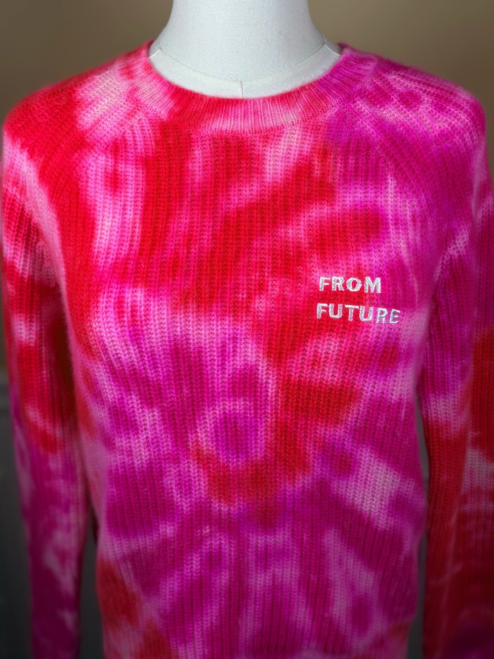 💗 FROM FUTURE 100% Cashmere Tie-Dye Sweater Pink Red Embroidered Crewneck